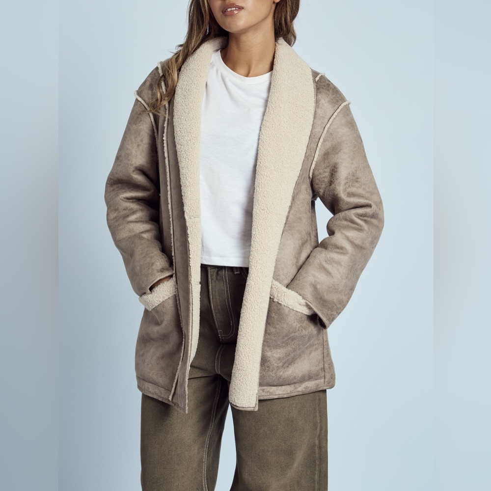 Women’s NEW Native Youth Claine Distressed Taupe Faux Suede Shearling Coat SMALL